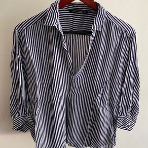 Zara. Blue/white striped shirt. Large. Loose fit. Sleeves are half length.